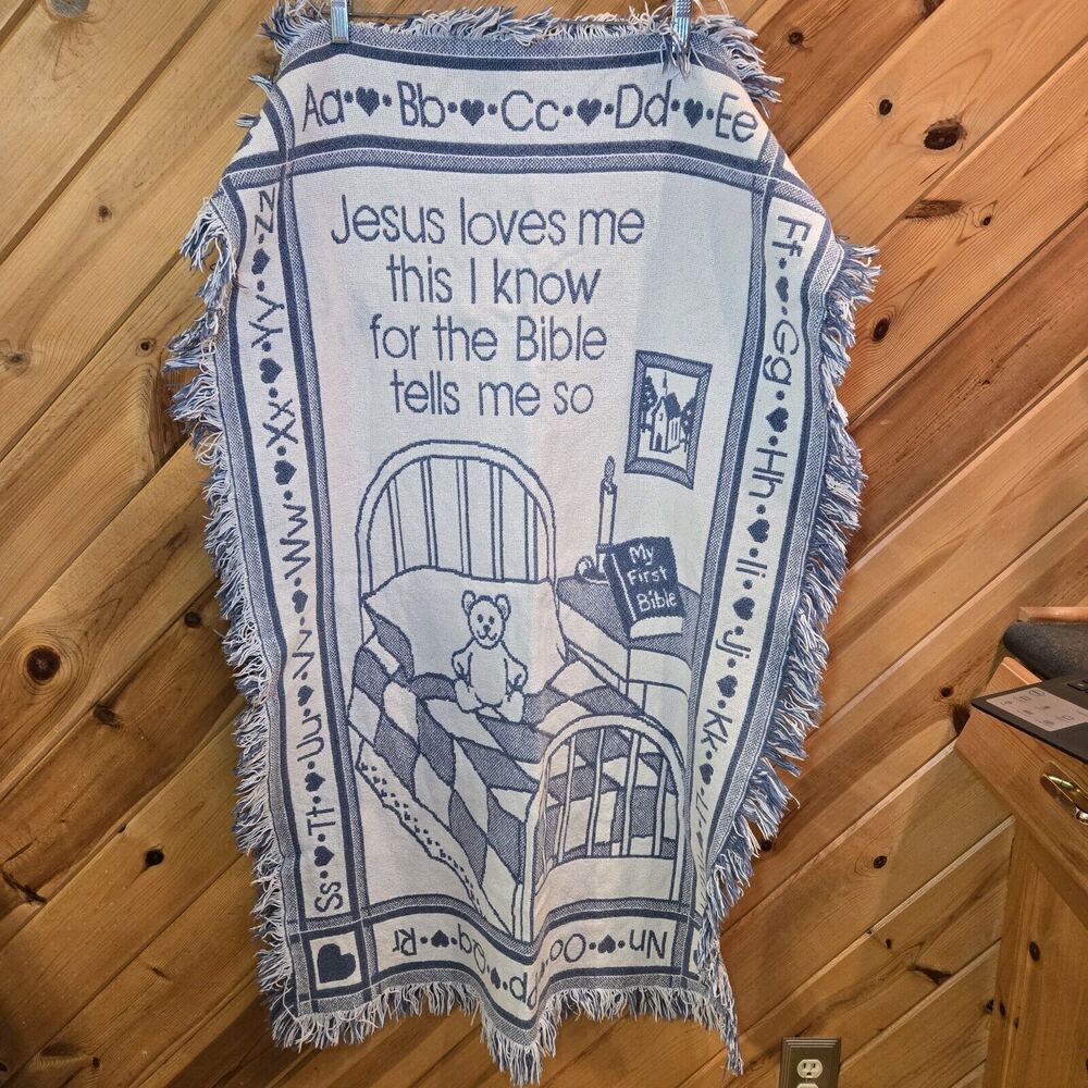 Baby Blanket Jesus Loves Me This I Know Verse ABCs Blue Soft Woven Throw Lovey‎